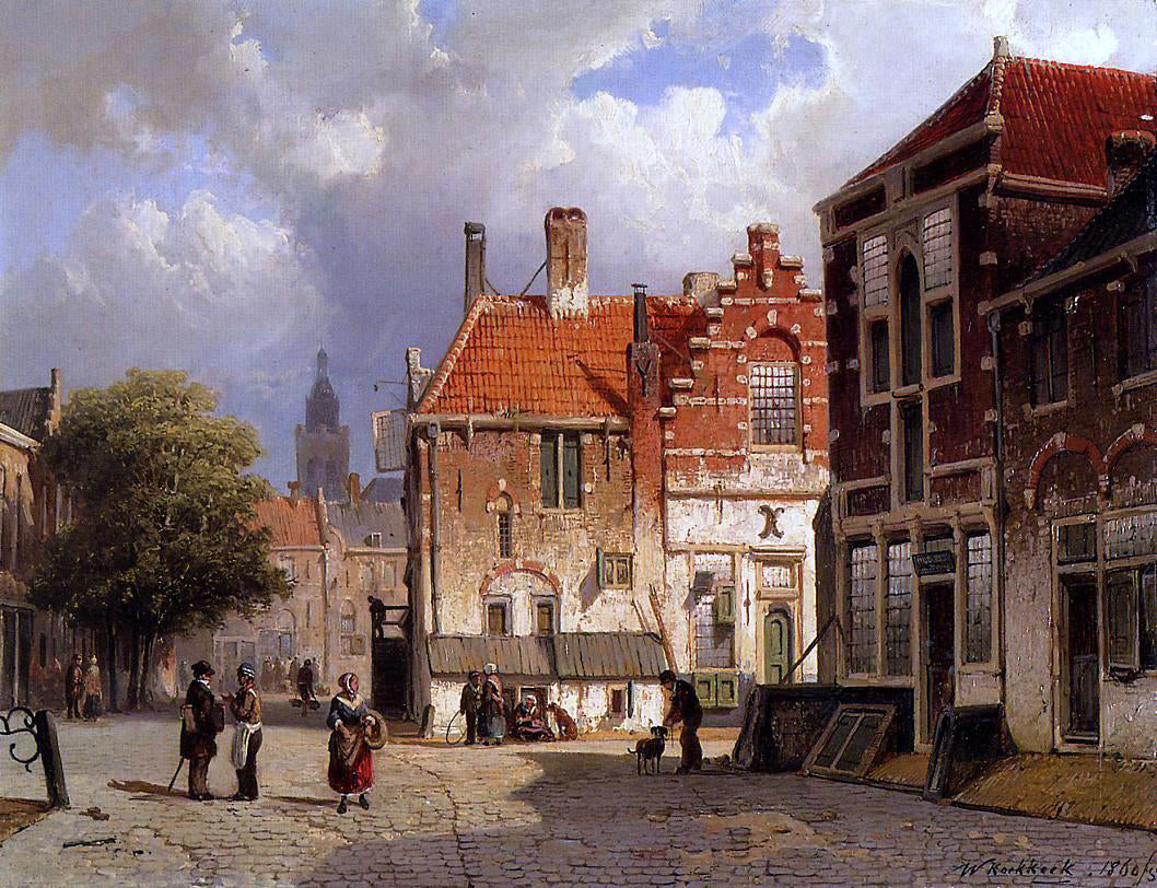  Willem Koekkoek Figures in a Dutch Town Square - Canvas Print