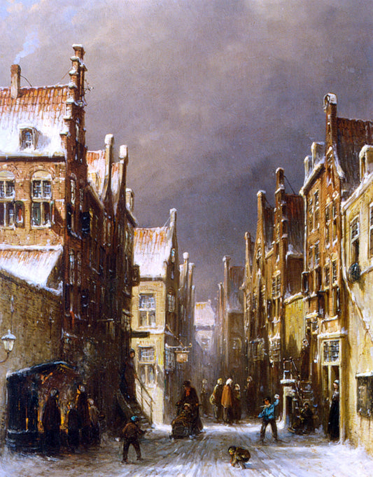 Pieter Gerard Vertin Figures in the Snow Covered Streets of a Dutch Town - Canvas Print