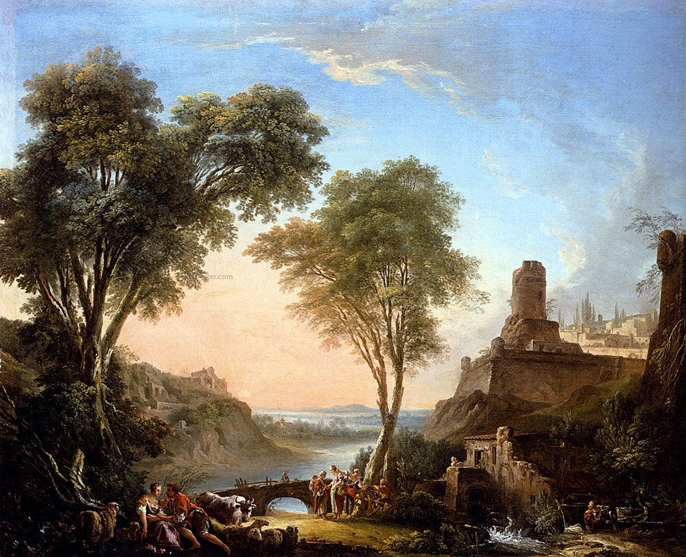  Nicolas-Jacques Juliard Figures Resting On The Banks Of A River, A Bridge In The Distance - Canvas Print