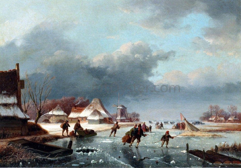  Andreas Schelfhout Figures Skating on a Frozen River - Canvas Print