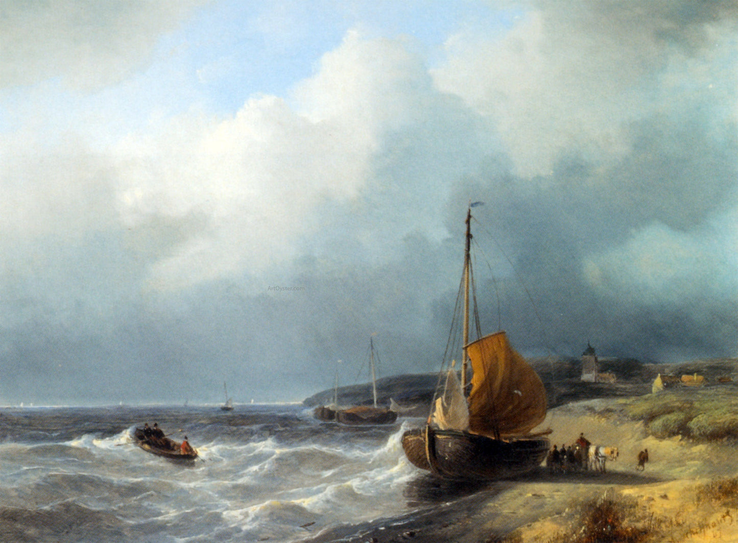  Andreas Schelfhout Fisherfolk by a Beached Bomschuit - Canvas Print