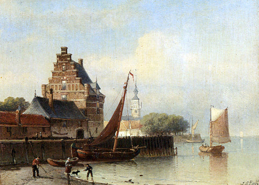  Johan Adolph Rust Fisherfolk On A Riverbank By A Town - Canvas Print