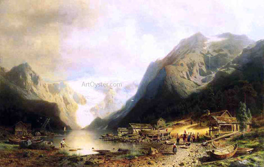  Herman Herzog Fishermans Village on an Alpine Lake - Canvas Print