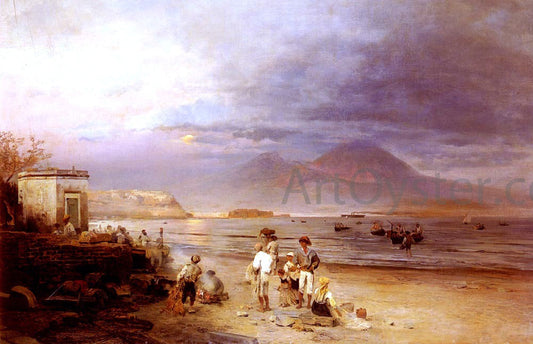  Oswald Achenbach Fishermen with the Bay of Naples and Vesuvius Beyond - Canvas Print