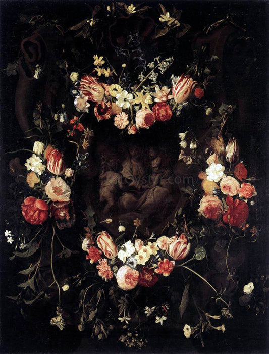  Daniel Seghers Floral Wreath with Relief after Quellinus - Canvas Print