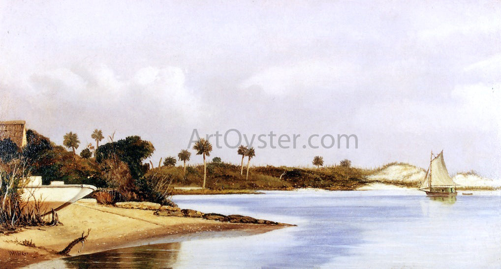 William Aiken Walker Florida Beach Scene with Beached Boat and Sailboat in Water