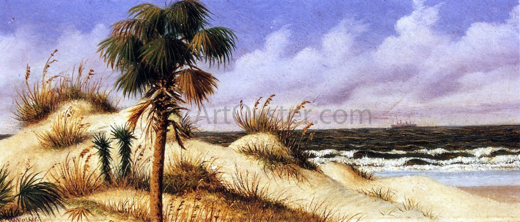 William Aiken Walker Florida Seascape with Sand Dune, Palm Tree, and Steamship C