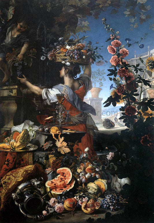  Christian Berentz Flowers, Fruit with a Woman Picking Grapes - Canvas Print