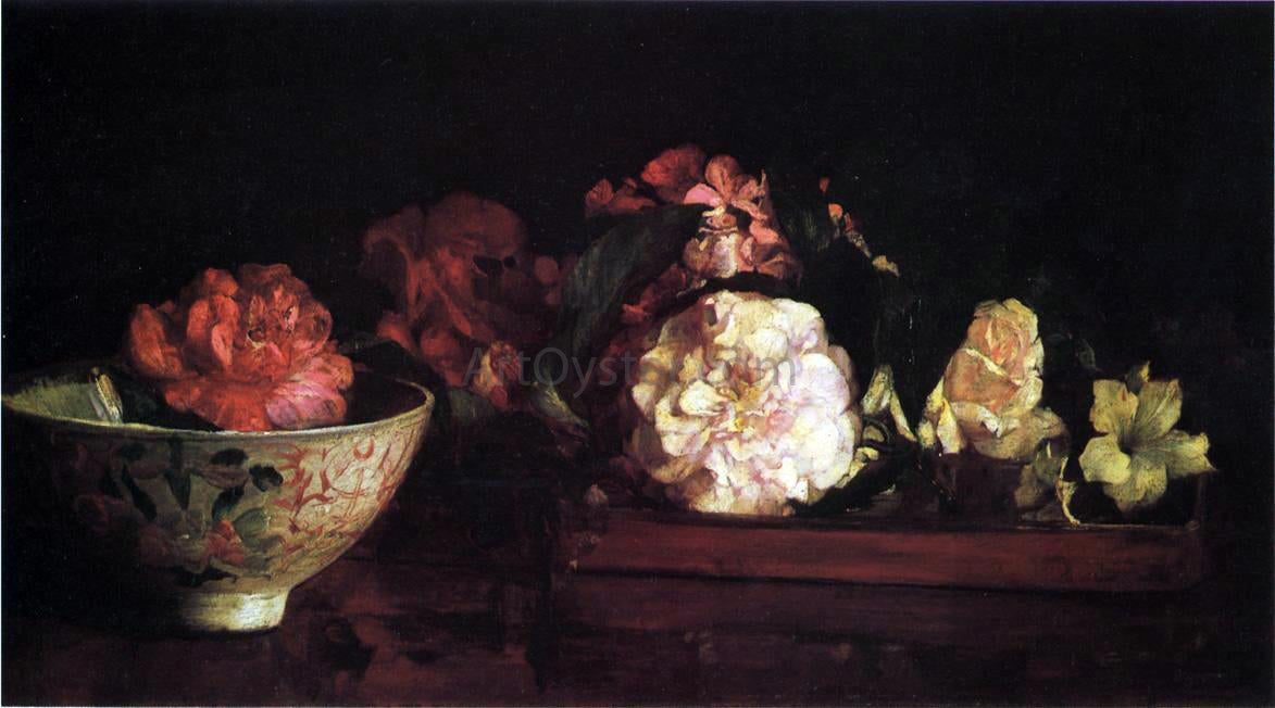  John La Farge Flowers in a Japanese Tray on Mahogany Table - Canvas Print