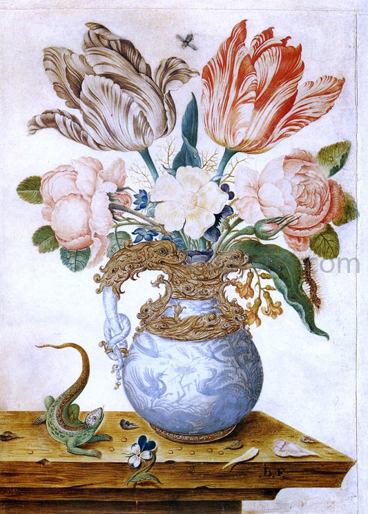  Jean-Baptiste Fornenburgh Flowers in an Ornamental Vase, A Lizard Beside It - Canvas Print
