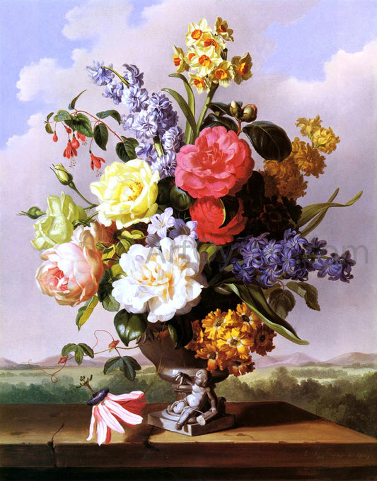  Anton Hartinger Flowers In An Urn On A Ledge - Canvas Print