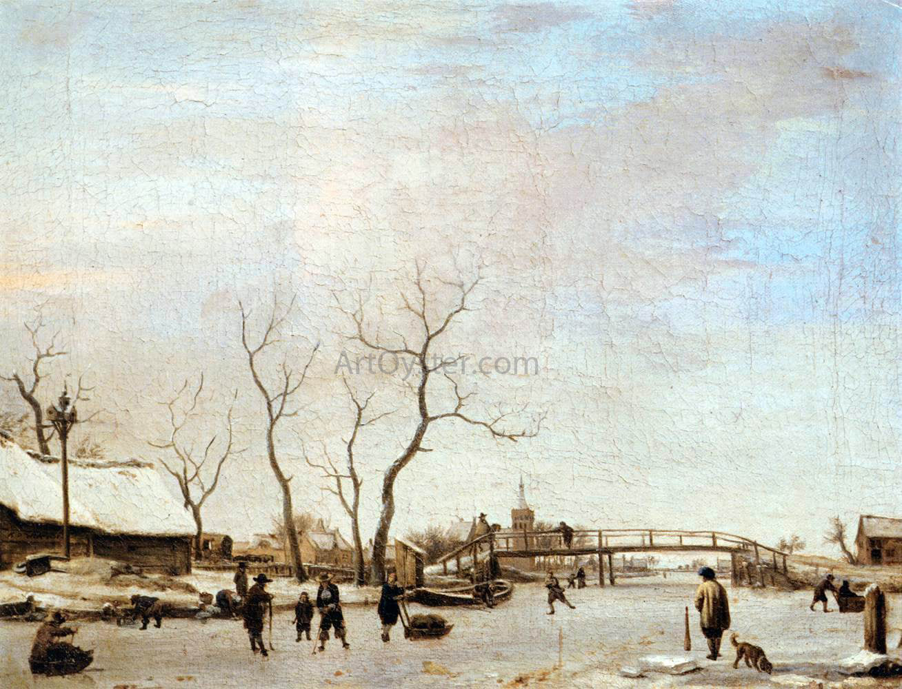  Adriaen Van de Velde Frozen Canal with Skaters and Hockey Players - Canvas Print
