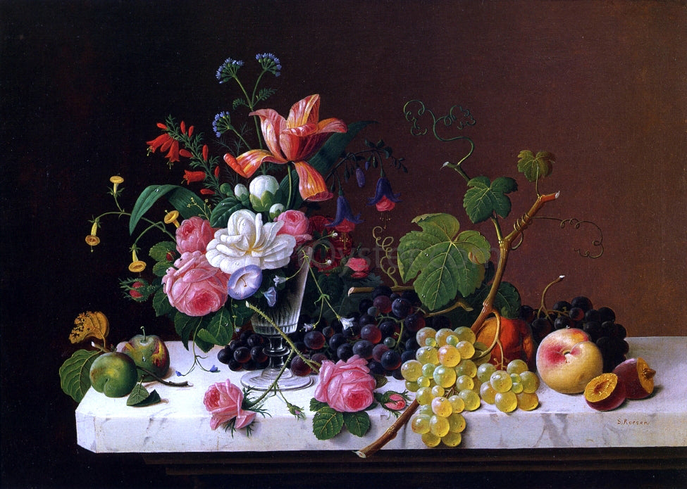  Severin Roesen Fruit and Flowers on a Marble Table Ledge - Canvas Print