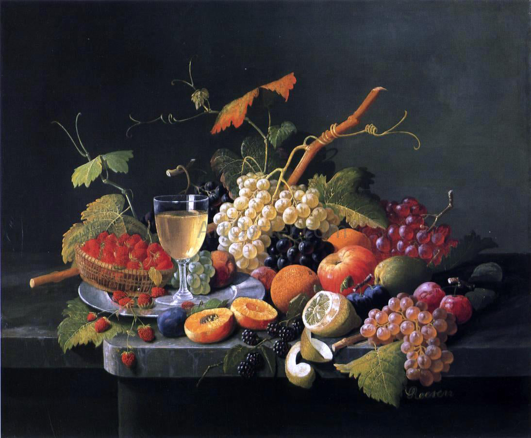  Severin Roesen Fruit on a Marble Ledge with Wine Glass - Canvas Print