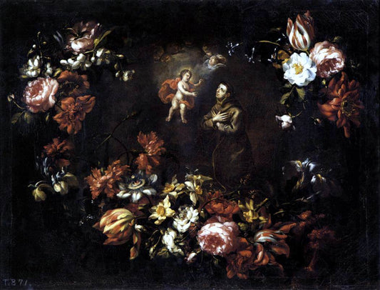  Bartolomé Pérez Garland of Flowers with St Anthony of Padua - Canvas Print