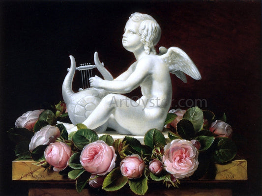  Johan Laurentz Jensen Garland of Pink Roses around 'Cupid Playing a Lyre' on a Brown Marble Ledge - Canvas Print