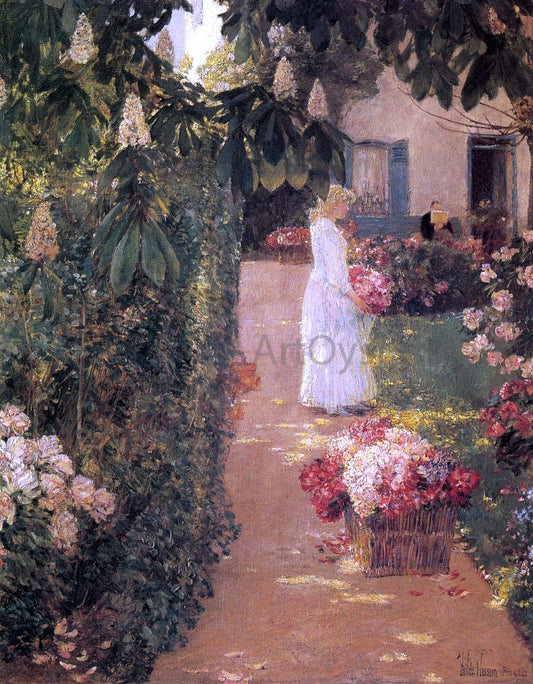  Frederick Childe Hassam Gathering Flowers in a French Garden - Canvas Print