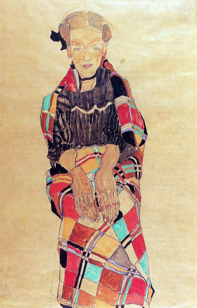  Egon Schiele Girl in Black Pinafore, Wrapped in Plaid blanket - Canvas Print