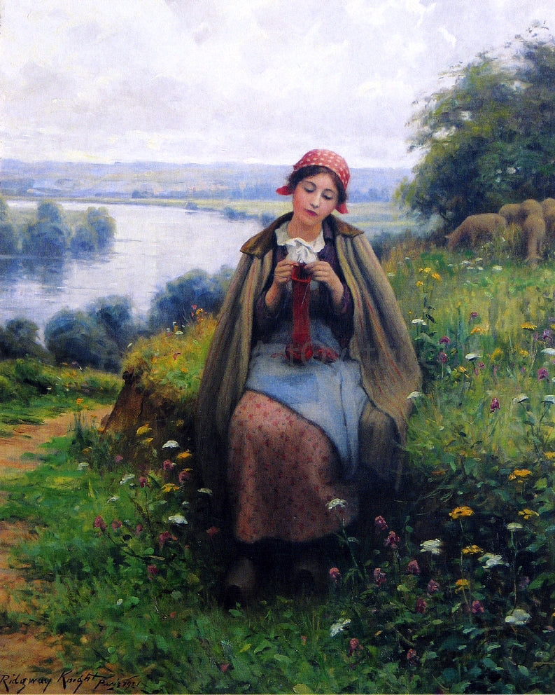  Daniel Ridgway Knight Girl Knitting - Canvas Print