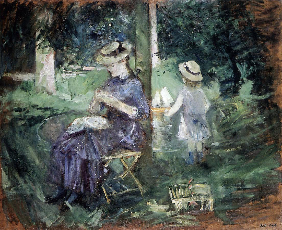  Berthe Morisot Girl Sewing in a Garden - Canvas Print