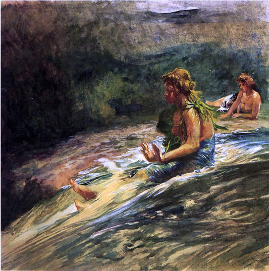  John La Farge Girl Sliding Down Water Fall, Banna Leaf Around Her Body - Canvas Print