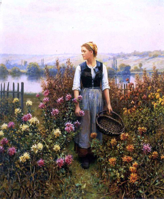  Daniel Ridgway Knight Girl with a Basket in a Garden - Canvas Print