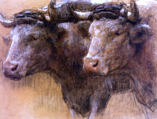  Leon Augustin L'hermitte) Heads of Two Oxen, Study for 'La Famille' - Canvas Print