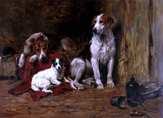  John Emms Hounds and a Jack Russell in a Stable - Canvas Print