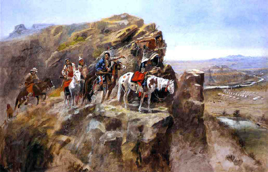  Charles Marion Russell Indians on a Bluff Surveying General Miles' Troops - Canvas Print