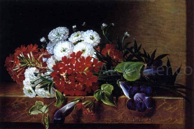  Johan Laurentz Jensen Iris, Dahlia, Pelargonium and Ivy Leaves on a Brown Marble Ledge - Canvas Print