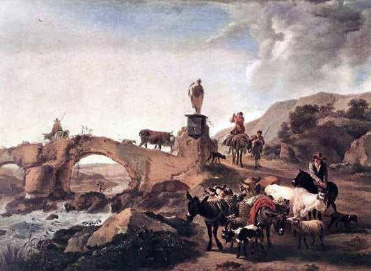  Nicolaes Berchem Italian Landscape with Bridge - Canvas Print