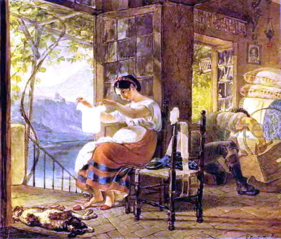  Karl Pavlovich Brulloff Italian Woman Heavy with a Child Examining a Shirt and her Husband Making a Cradle - Canvas Print