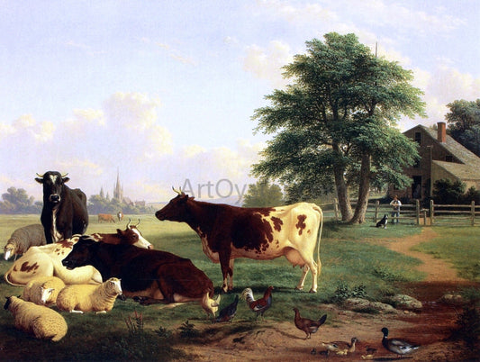  Thomas Hewes Hinckley Landscape,: Cattle, Woman, Boy and Newfoundland Dog - Canvas Print