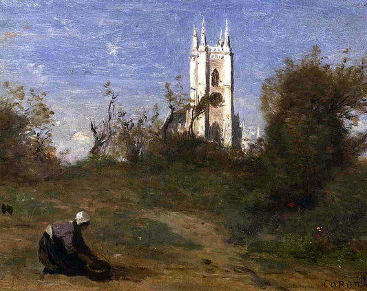  Jean-Baptiste-Camille Corot Landscape with a White Tower, Souvenir of Crecy - Canvas Print