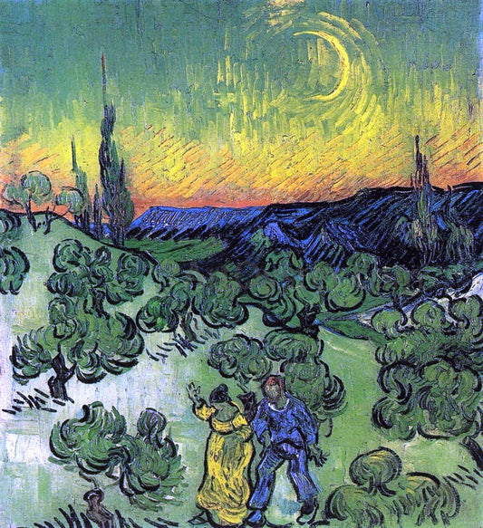  Vincent Van Gogh Landscape with Couple Walking and Crescent Moon - Canvas Print