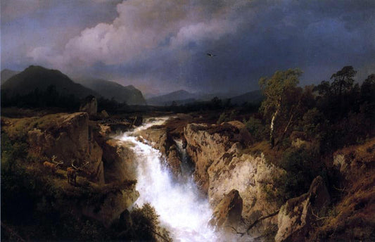  Herman Herzog Landscape with Waterfall - Canvas Print
