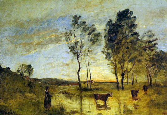Jean-Baptiste-Camille Corot Le Gue (also known as Cows on the Banks of the Gue) - Canvas Print