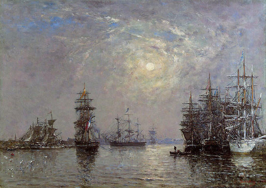  Eugene-Louis Boudin Le Havre: European Basin, Sailing Ships at Anchor, Sunset - Canvas Print