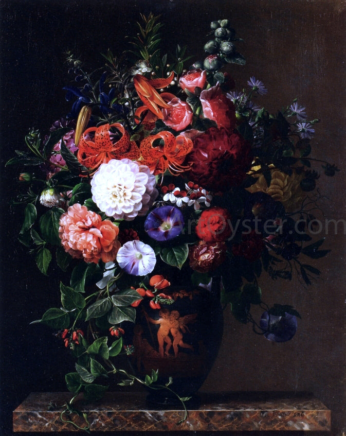  Johan Laurentz Jensen Lilies, Peonies, Violets and Roses in a Greek Figure Vase on a Marble Pedestal - Canvas Print