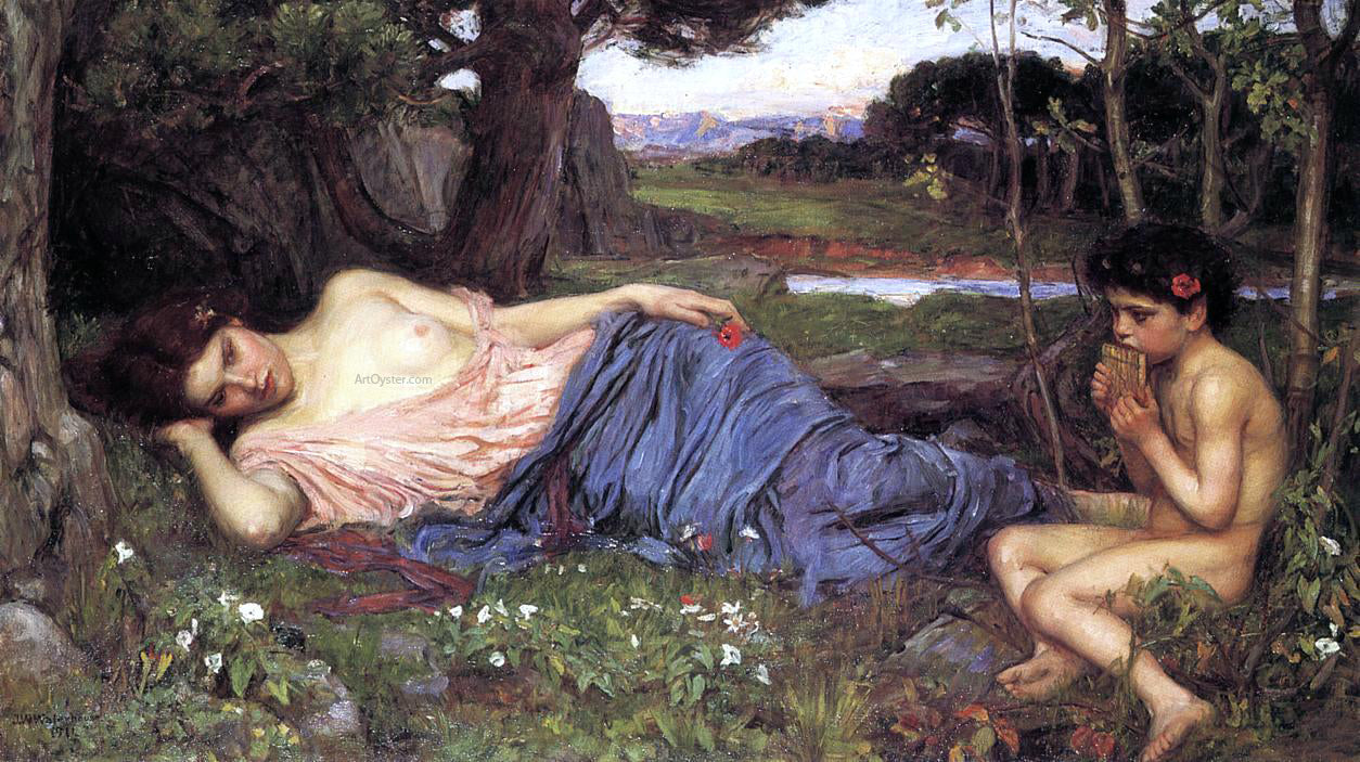  John William Waterhouse Listening to My Sweet Pipings - Canvas Print