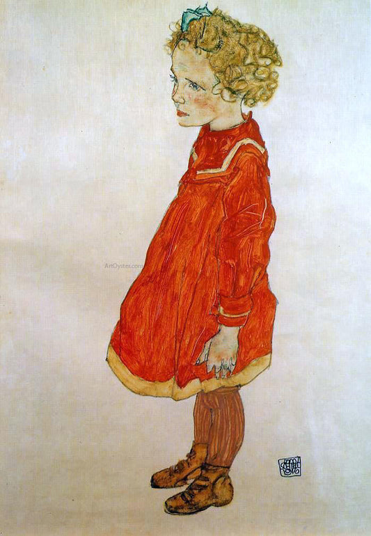  Egon Schiele Little Girl with Blond Hair in a Red Dress - Canvas Print