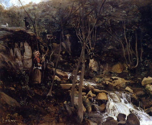  Jean-Baptiste-Camille Corot Lormes - A Waterfall with a Standing Peasant, Spinning Wool - Canvas Print