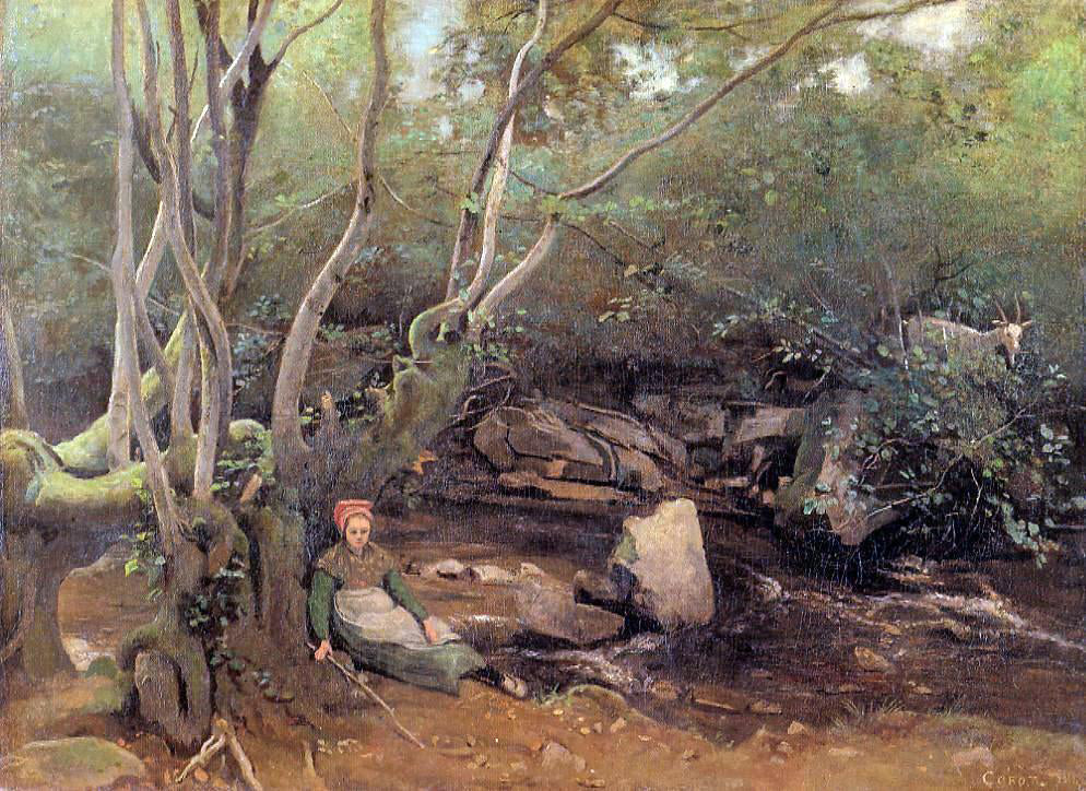  Jean-Baptiste-Camille Corot Lormes - Shepherdess Sitting Under Trees Beside a Stream - Canvas Print