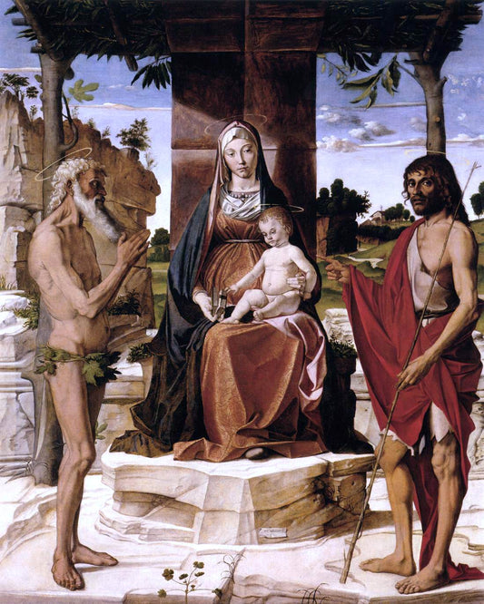  Bartolomeo Montagna Madonna and Child under a Pergola with St John the Baptist and St Onofrius - Canvas Print