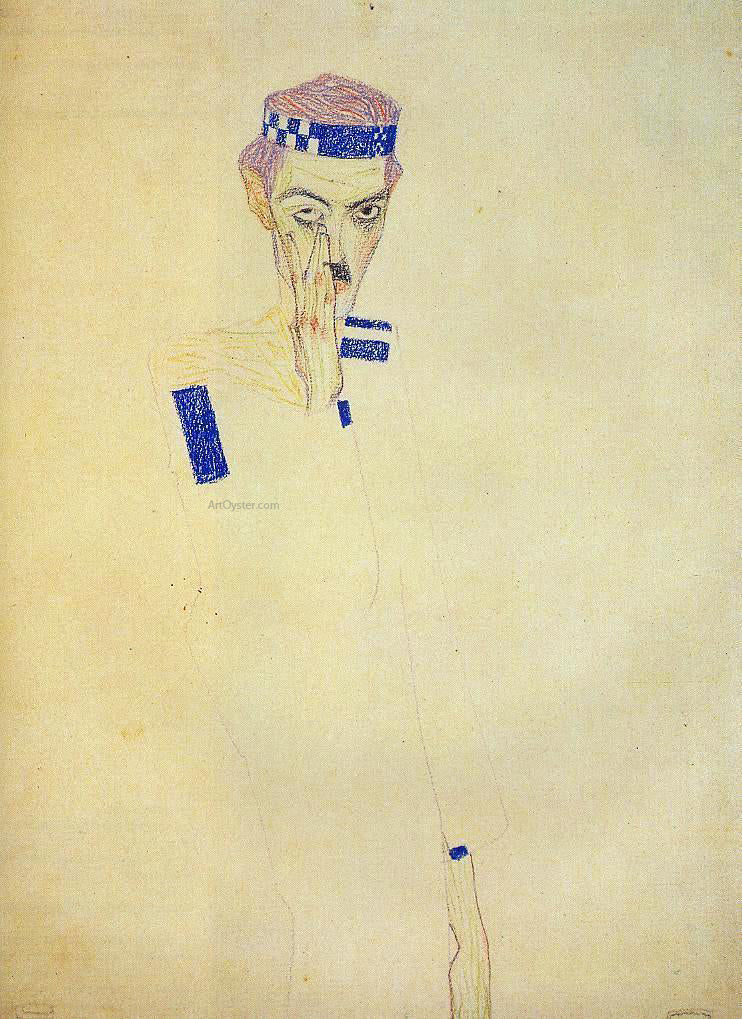  Egon Schiele Man with Blue Headband and Hand on Cheek - Canvas Print