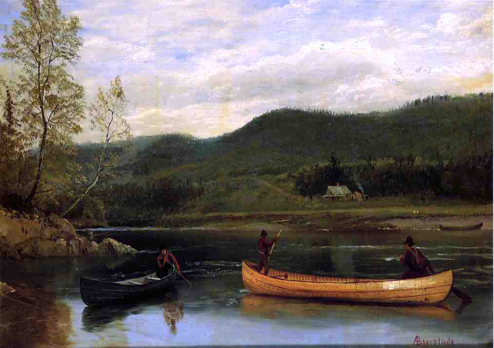  Albert Bierstadt Men in Two Canoes - Canvas Print