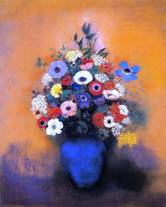  Odilon Redon Minosas, Anemonies and Leaves in a Blue Vase - Canvas Print