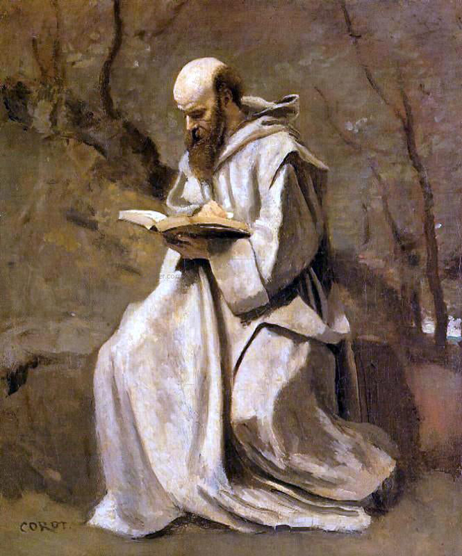  Jean-Baptiste-Camille Corot Monk in White, Seated, Reading - Canvas Print