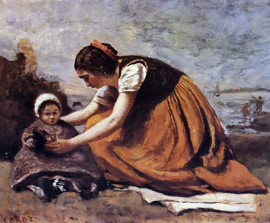  Jean-Baptiste-Camille Corot Mother and Child on the Beach - Canvas Print