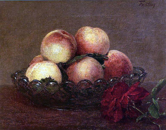  Henri Fantin-Latour Nature Morte: Peches dans une coupe de verre, une rose fonces avec des feuilles a droite - Canvas Print